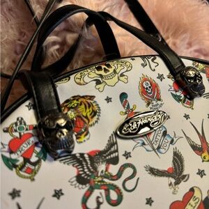 Ed Hardy White Satchel with Tattoo Print